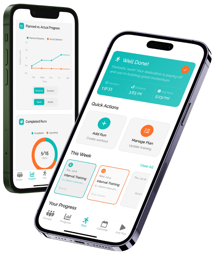 RunV on two iPhones: the plan screen with this week's sessions, and the progress screen showing planned against actual distance