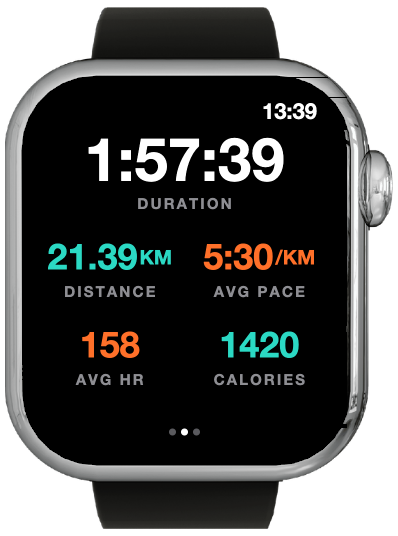 RunV on Apple Watch: a completed run summary with duration, distance, average pace, heart rate and calories