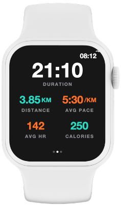 RunV on Apple Watch: a completed run summary showing duration, distance, average pace, heart rate and calories