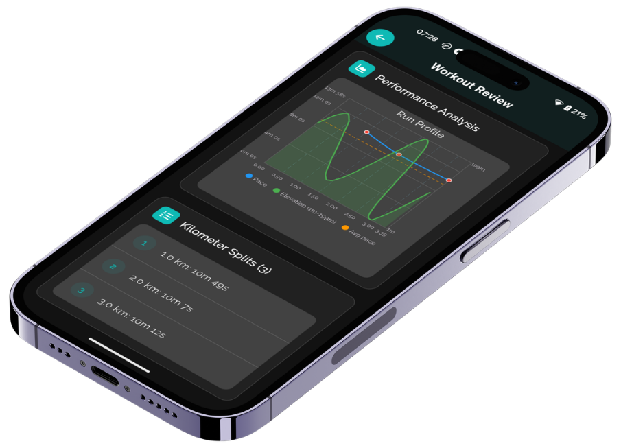 RunV workout review on iPhone: a pace and elevation run profile above the kilometre splits